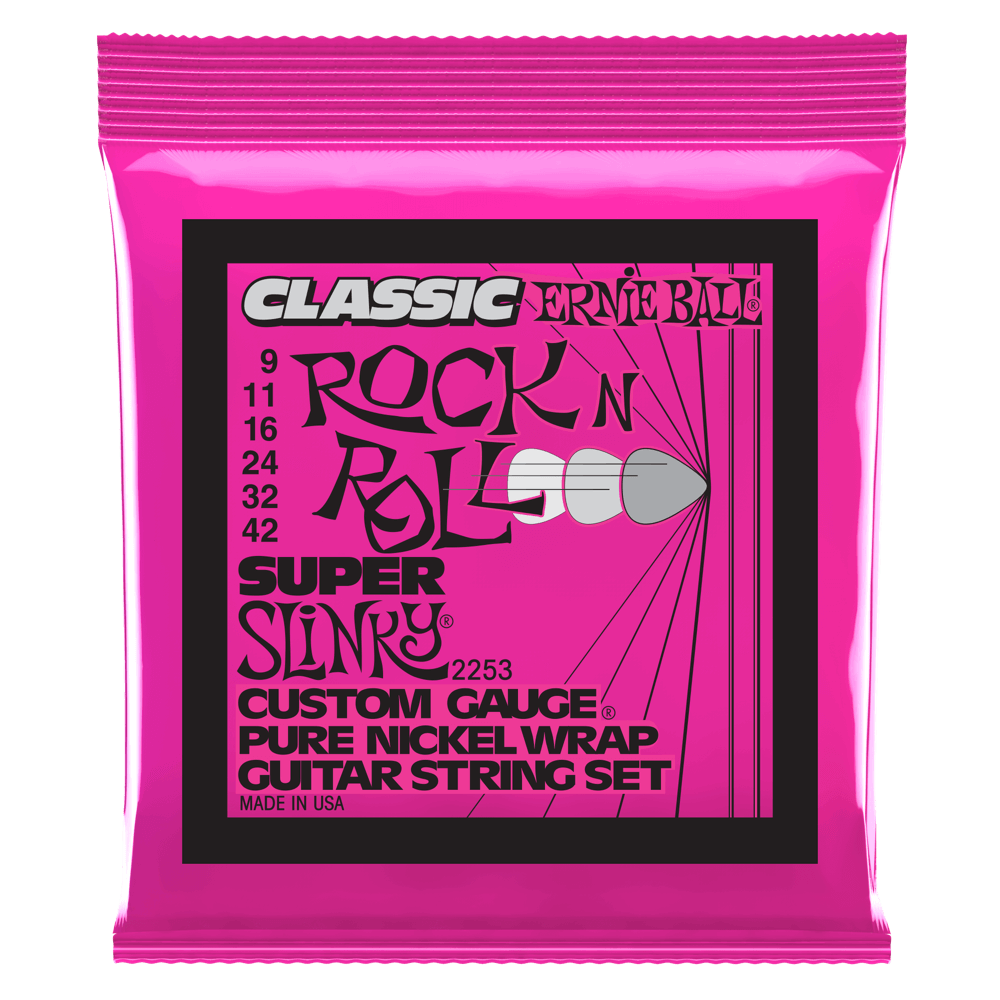 Ernie Ball 2253 Super Slinky Classic Rock n Roll Pure Nickel Wrap Electric Guitar Strings 9-42 Gauge