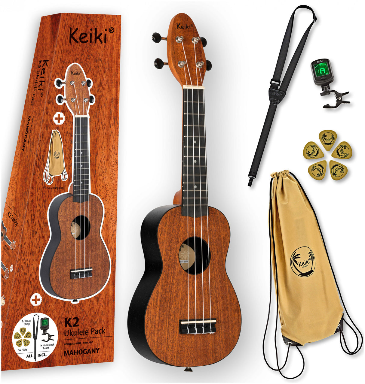 Ortega KEIKI K2-MAH Series Soprano Ukulele Set - Agathis Mahogany Natural ukulėlė